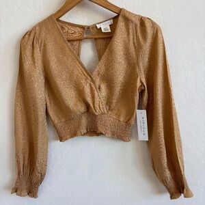 Kirious Women's Size  XS Brown V Neck Cut Out Back Long Sleeve Crop Top NWT